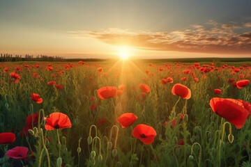 Fototapeta na wymiar Landscape with poppies at sunset,