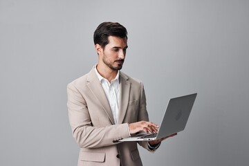 man business using computer job smiling laptop suit freelancer copyspace internet