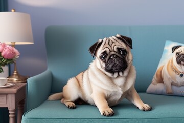 pug sitting on couch, generative ai