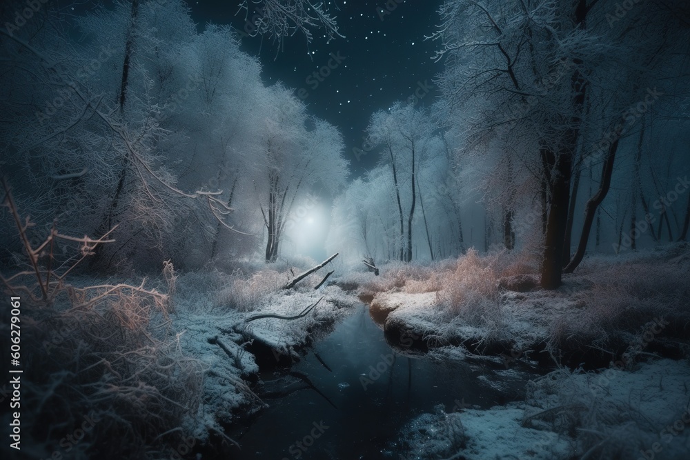 Poster a brook that winds its way through a woodland that is blanketed with snow generative ai