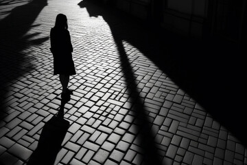 shadow silhouette of a young woman walking city square pavement in high angle view black and white