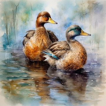 Duo of ducks watercolor style 