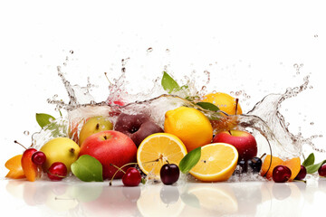 Fototapeta na wymiar Fresh fruits falling in water splash isolated on white background