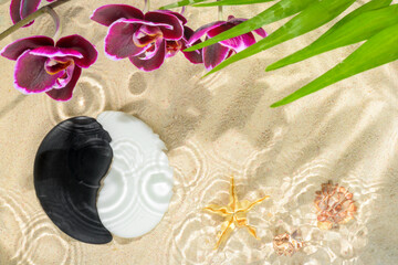 beautiful spa concept with orchid, palm leaf, shell, starfish and sign Yin-Yang stones of hard shadow in ripple water on abstract sand background