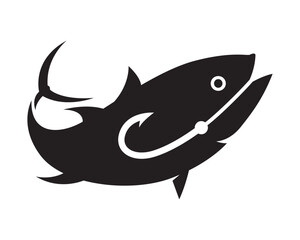 The hook is in the tuna, sea fishing symbol, black sea fish graphic on white background