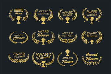 Award Winner emblem collection of gold laurel wreath on black background 