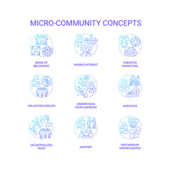 Micro community blue gradient concept icons set. Small group. Social cohesion. Mutual aid. Common goal. Collaborative project. Build community idea thin line color illustrations. Isolated symbols
