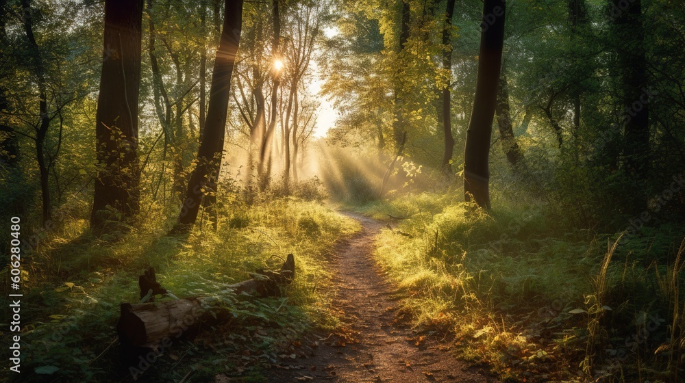 Poster a route that winds through the trees of a forest as the light shines through the gaps generative ai