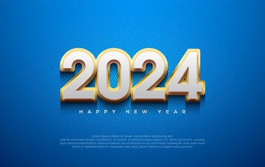 Happy New Year 2024 Design. With a number of arising numbers. White wrapped in shiny gold. Premium vector design for greetings and celebration of Happy New Year 2024.