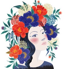 Vector illustration of a woman decorating her hair with flowers. Design for picture frame, poster, greeting card, and invitation	