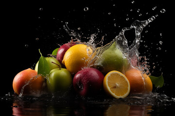 Fototapeta na wymiar Fruits on black background with water splash