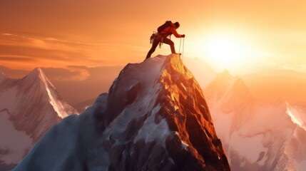 Compose an image that encapsulates the sense of triumph and accomplishment experienced by a hiker reaching the summit of a towering mountain peak. Generative AI