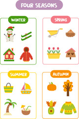 Learning four seasons for kids. Colorful educational worksheet.