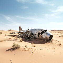 Aircraft wreckage in the desert. Created with generative AI technology.