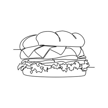 recommend clip art: One continuous line drawing of a Burger. Food illustration in simple linear style. Food design concept vector illustration
