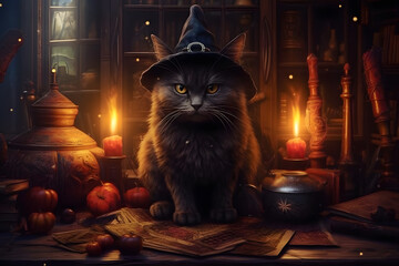 Grey Cat Dressed as a Witch with Evil Witch Hat on a Table in a Warmly Lit Candle Room