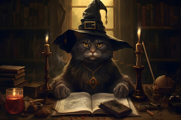 Grey Cat in Wizard Costume with Evil Glance and Magician Hat Sitting by an Open Book
