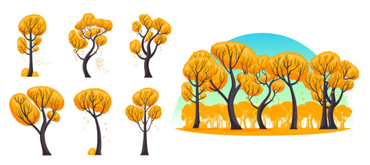 Vector cartoon illustration set of many autumn trees, isolated on white background