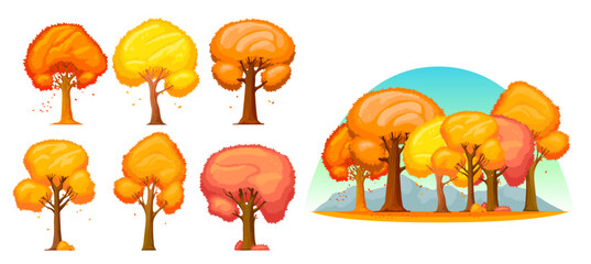 Vector cartoon illustration set of many autumn trees, isolated on white background