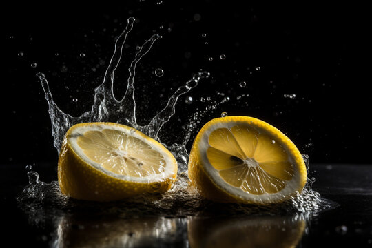 lemon slices Splash of water drops over black background