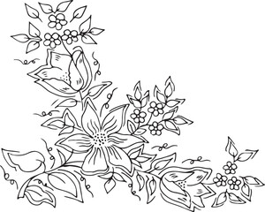 Black and white Hand Drawn Flowers with Leaves 