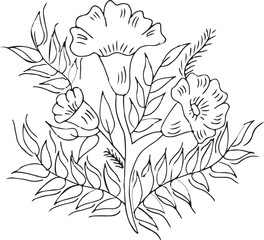 Black and white Hand Drawn Flowers with Leaves 