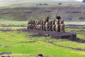 Row of Moai Statues at Famous Ahu Tongariki Archaeological Site, Rapa Nui Easter Island, Chile