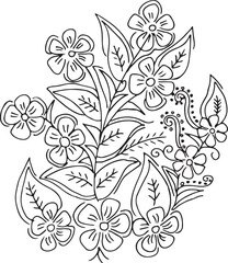 Black and white Hand Drawn Flowers with Leaves 