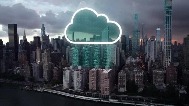 Urban scene with data cloud uploading and downloading information - 3D animation