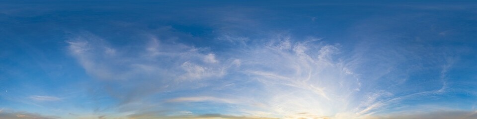 Sunset sky panorama with bright glowing pink Cirrus clouds. HDR 360 seamless spherical panorama. Full zenith or sky dome for 3D visualization, sky replacement for aerial drone panoramas.