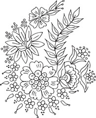 Black and white Hand Drawn Flowers with Leaves 