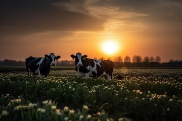 Landscape view of black and white colour cows watching the sunset on a green meadow against a tulips field at springtime in Noord Holland