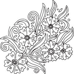 Black and white Hand Drawn Flowers with Leaves 