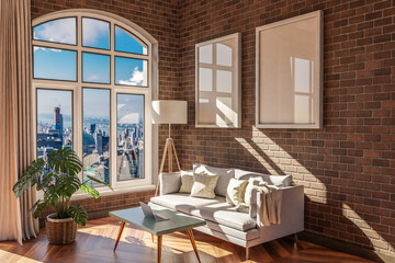 Obraz na płótnie Canvas luxurious loft apartment with arched window and panoramic view over urban downtown; noble interior living room design mock up; 3D Illustration