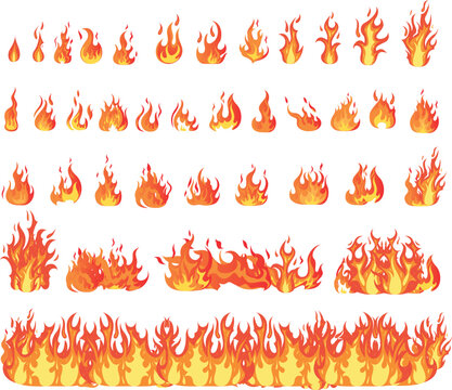fire flames set, Set of red and orange fire flame. Cartoon campfire. Fire flames, bright fireball, heat wildfire and red hot bonfire, campfire, red fiery flames isolated vector illustration se
