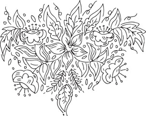 Black and white Hand Drawn Flowers with Leaves 