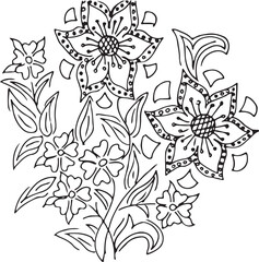 Black and white Hand Drawn Flowers with Leaves 