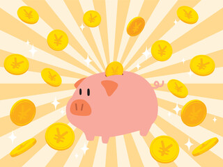 コインと豚の貯金箱　集中線の背景素材