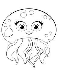 Cute Cartoon Jellyfish. Line Art for Coloring Books. png cut out isolate illustration of a cute jellyfish in a cartoon style for children's coloring books.