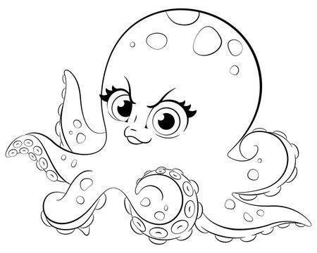 Cute Cartoon Octopus. Line Art for Coloring Books. png cut out isolate illustration of a cute octopus in a cartoon style for children's coloring books.