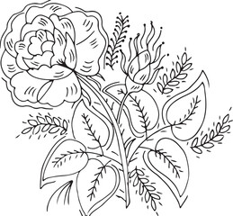 Black and white Hand Drawn Flowers with Leaves 