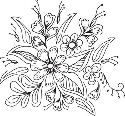 Black and white Hand Drawn Flowers with Leaves 