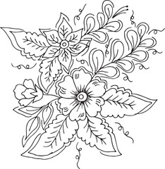Black and white Hand Drawn Flowers with Leaves 