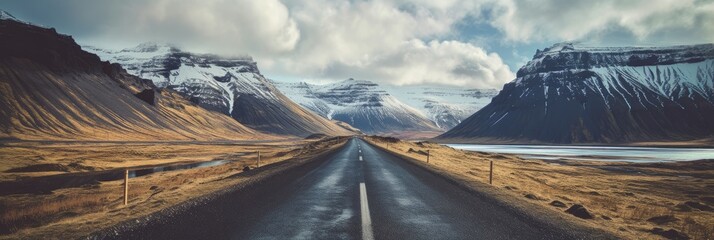 Landscapes of Iceland. The road leading to the mountains. Generative AI - obrazy, fototapety, plakaty