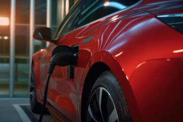 close up view of a modern red car charging up on an electric charger - Generative AI