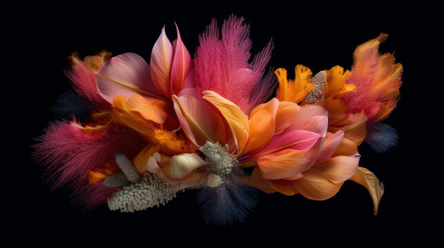 Abstract photo of orange and pink flowers made of feathers on a dark background, Generative AI