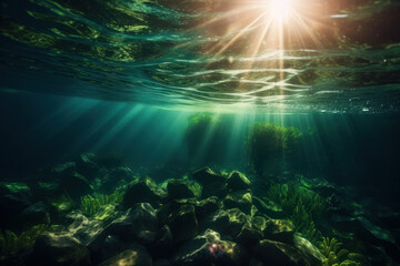 Fototapeta na wymiar Serene Underwater Realm: Mesmerizing Light Piercing through the Ocean. Generative AI