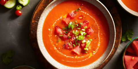 food photography of gazpacho in top view. Generative AI