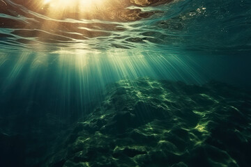 Fototapeta na wymiar Mystical Deep-Sea Glow: Ethereal Light Beneath the Ocean Waters. Generative AI.