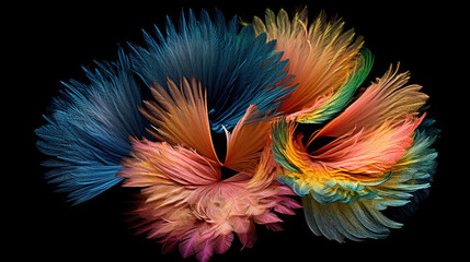 Obraz premium Abstract colorful flowers and feathers isolated on black background, organic form and circular shapes. Generative AI